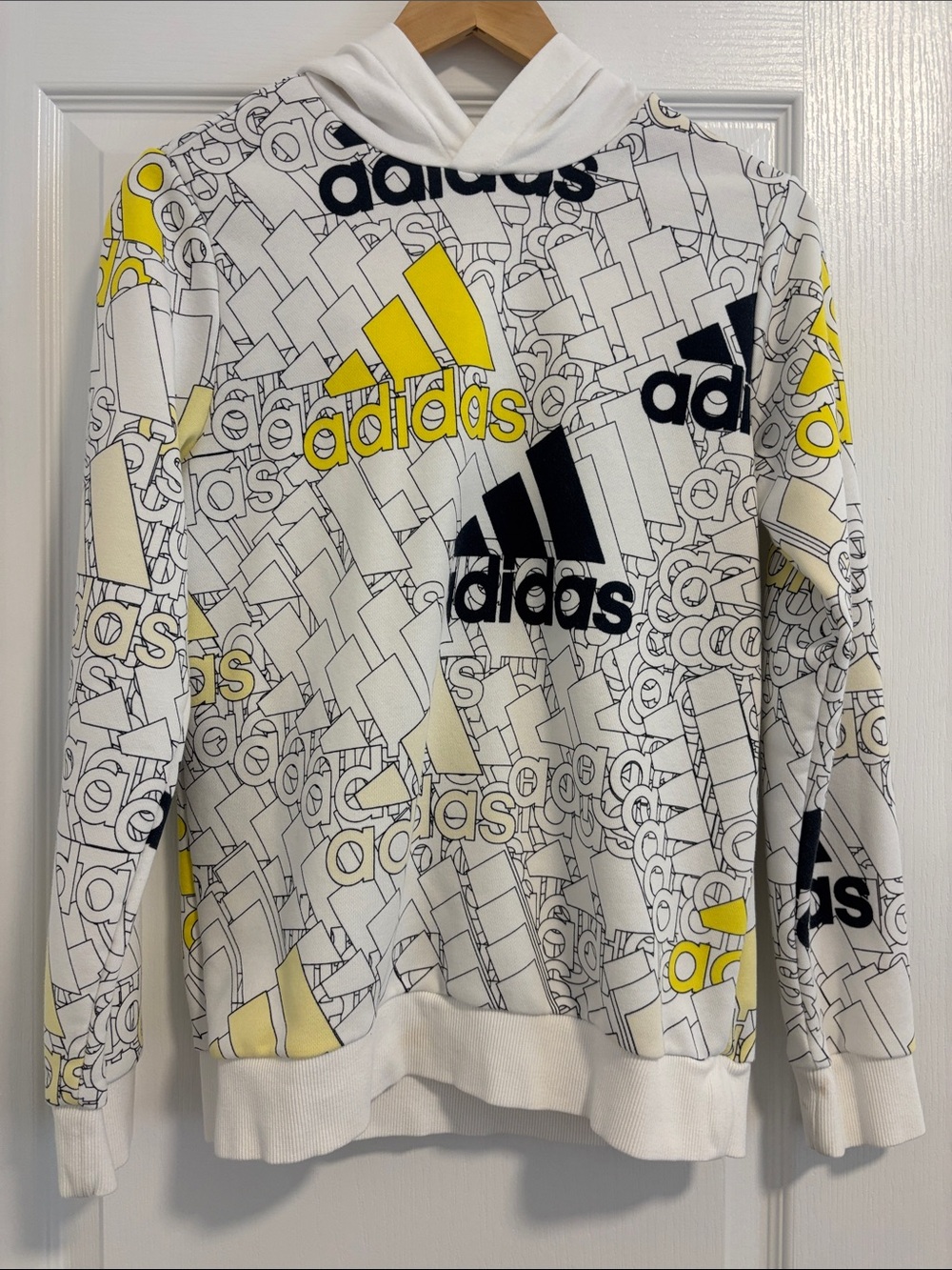 adidas White & Yellow Logo Graphic Hoodie Sweatshirt
